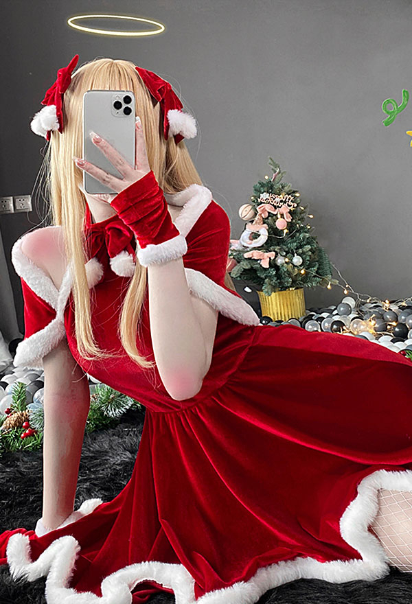 Damen Sexy Weihnachten Kleid Haarschmuck Handschuhe Cosplay Kostüm