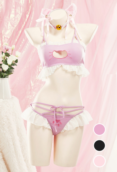 Sexy Lingerie Set with Ruffles Kawaii Cat Lingerie Top and Panties Open Chest Style