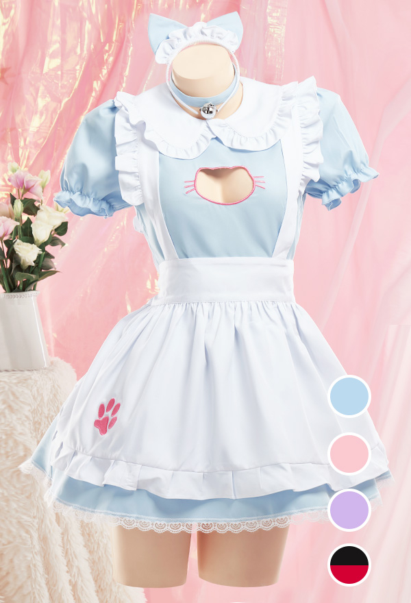 Kawaii Katze Kleid Dienstmädchen Outfit mit Schürze Stirnband Halloween Cosplay Kostüm