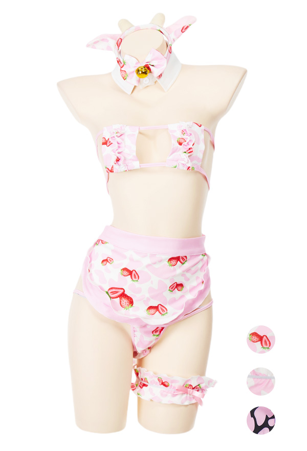 Sexy Lingerie Set with Strawberry Prints Flirty Lace-up Top with Thong Apron
