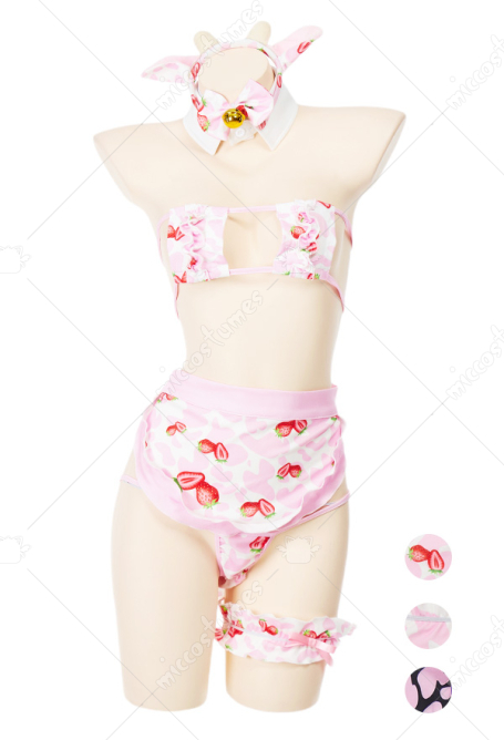 Sexy Lingerie Set with Strawberry Prints Flirty Lace-up Top with Thong Apron