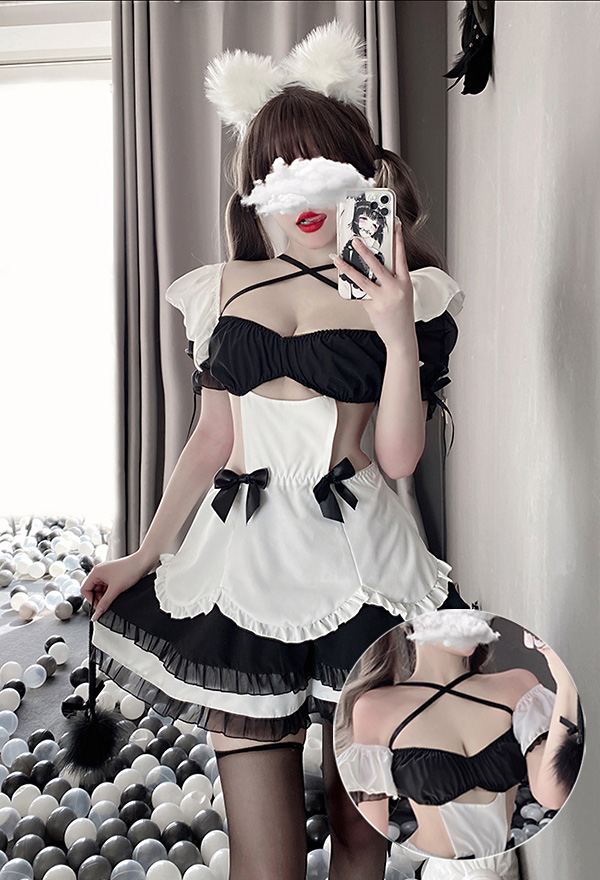 Maid Style Sexy Lingerie Set Ruffled Cutout Maid Dress with Thong and  Stockings