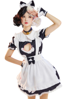 Ensemble de Lingerie Robe en Découpe Motif Chat Vache Noir Blanc Kawaii avec Accessoires