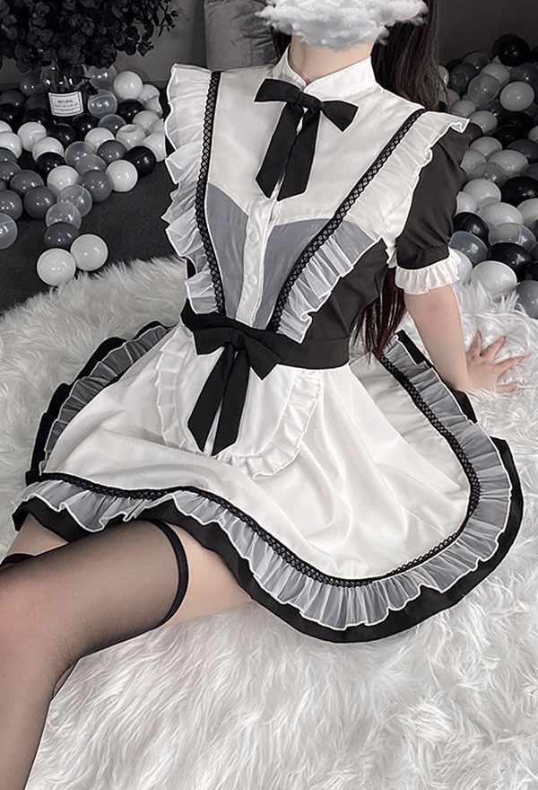 Maid Style Sexy Lingerie Set - Ruffled Cutout Maid Dress with Thong and  Stockings