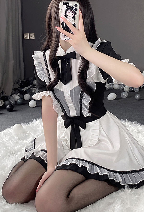 Ensemble de Lingerie Sexy Robe Noire et Blanche Set Style Uniforme Maid en Dentelle avec Bas