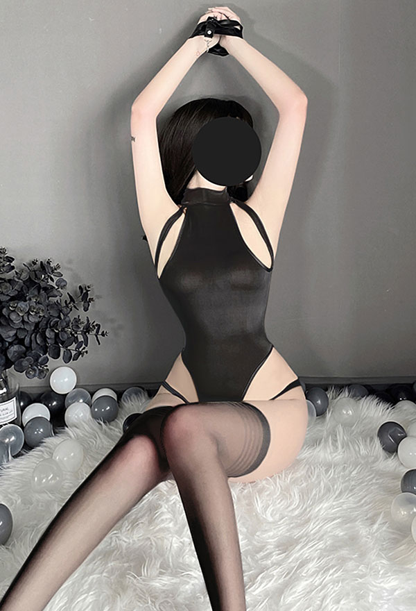 Sexy Lingerie Set - Cutout Halter Crotchless Bodysuit with Rope and  Stockings