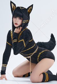 Halloween Dark Anubis Style Fluffy Bodycon Romper Pajama 3D Ear Long Sleeve Zipper Bodycon Jumpsuit Sleepwear with Choker and Socks