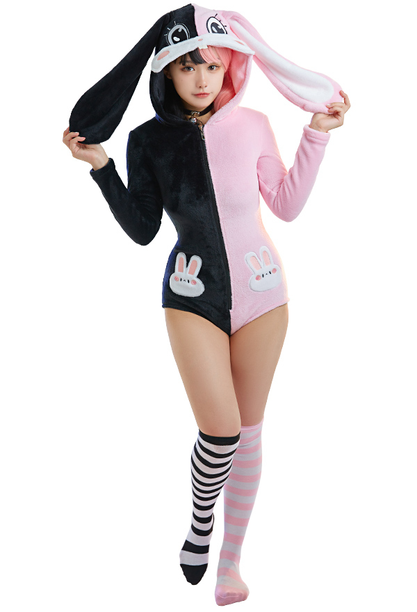 Kawaii Bunny Girl Fluffy Bodycon Romper Pajama 3D Bunny Ear Long Sleeve Zipper Bodycon Jumpsuit Sleepwear with Choker and Socks