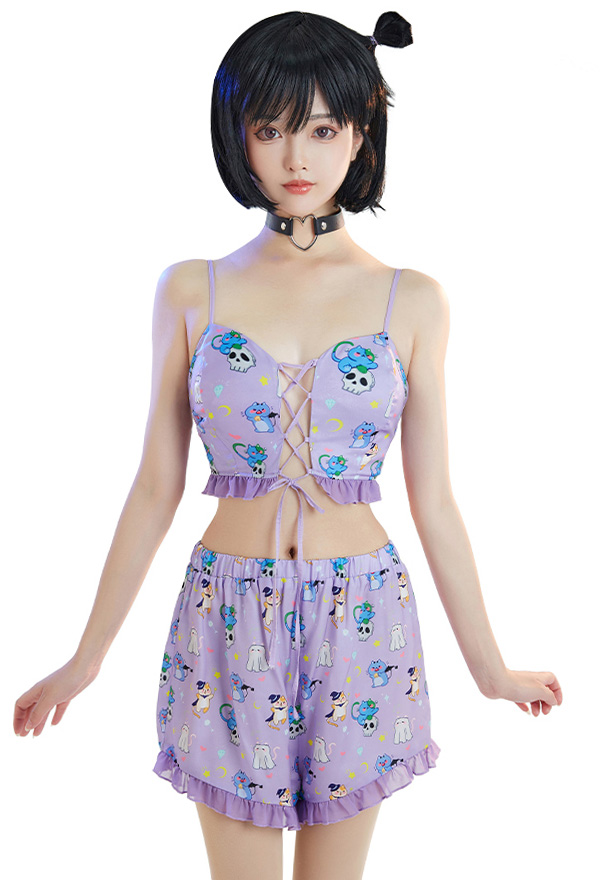 Women Kawaii Sleepwear Cat Ghost Pattern 2-Pieces Loungewear Set Drawstring Cami Crop Top and Shorts with Choker