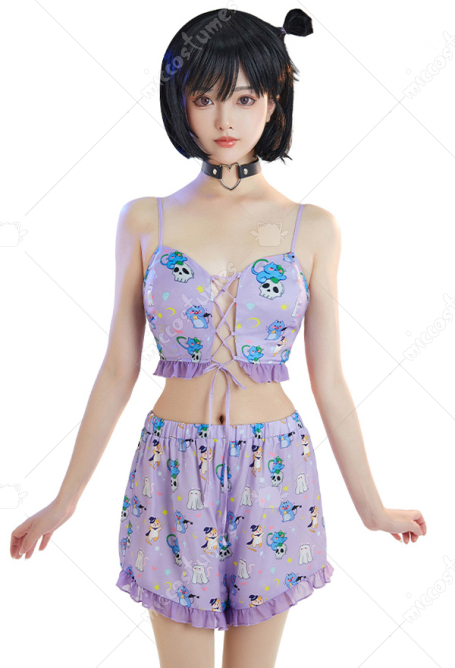 Women Kawaii Sleepwear Cat Ghost Pattern 2-Pieces Loungewear Set Drawstring Cami Crop Top and Shorts with Choker