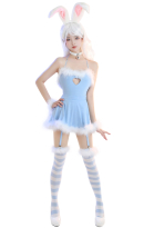 Bunny Girl Sexy Lingerie Set Homewear Blue Furry Heart Hollow Halter Bodysuit with Skirt and Striped Stockings