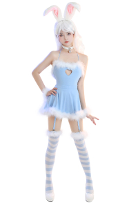 Kiss Tonight Women Sexy Blue Furry Hollow Halter Lingerie Dress