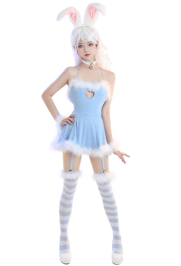 Bunny Girl Sexy Lingerie Set Homewear Blue Furry Heart Hollow Halter Bodysuit with Skirt and Striped Stockings
