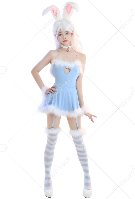 Bunny Girl Sexy Lingerie Set Homewear Blue Furry Heart Hollow Halter Bodysuit with Skirt and Striped Stockings