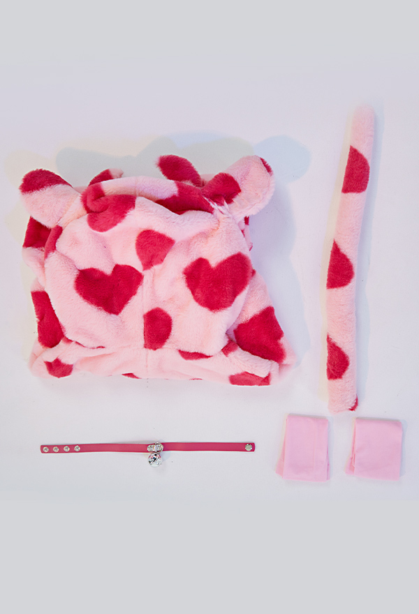 Kawaii Cow Style Fluffy Bodycon Romper Pajama - Heart Print