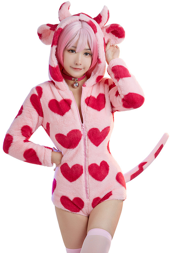 Kawaii Cow Style Fluffy Bodycon Romper Pajama - Heart Print Long Sleeve  Zipper Bodycon Jumpsuit Sleepwear