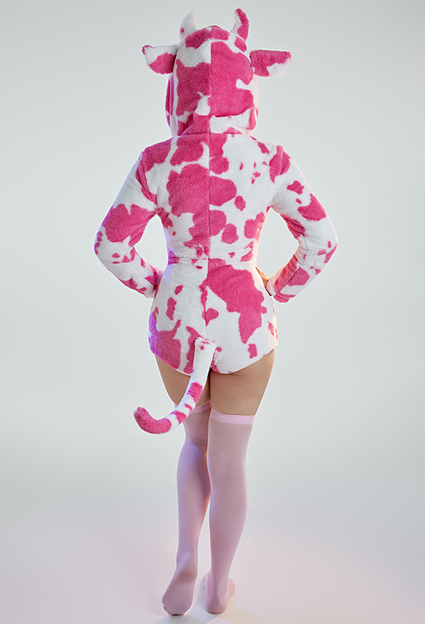 Kawaii Cow Style Fluffy Bodycon Romper Pajama - Heart Print Long Sleeve  Zipper Bodycon Jumpsuit Sleepwear