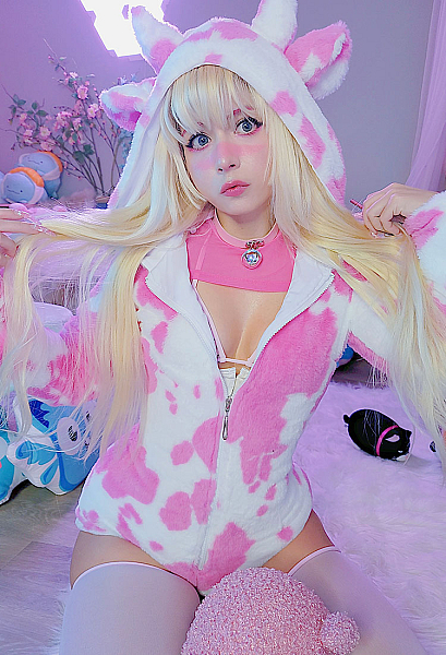 Halloween Women Sexy Onesie Pajama Fluffy Pink Cow Print Bodysuit Hooded Homewear with Choker and Socks