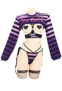 Gothic Lila Schwarz Sexy Lingerie Set Brust Öffnen Schnürung Shorts Tanga Gestreifter Dessous Set