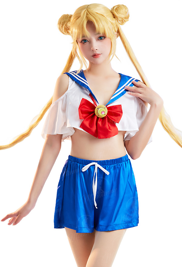 Top Shorts Set Kawaii avec Décor Nœud Papillon Col Naval avec Épaules Exposées