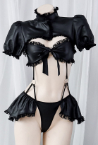 Sexy Lingerie Ruffled Lace Bodysuit Puff Sleeves High Collar Hollow One Piece Bodysuit
