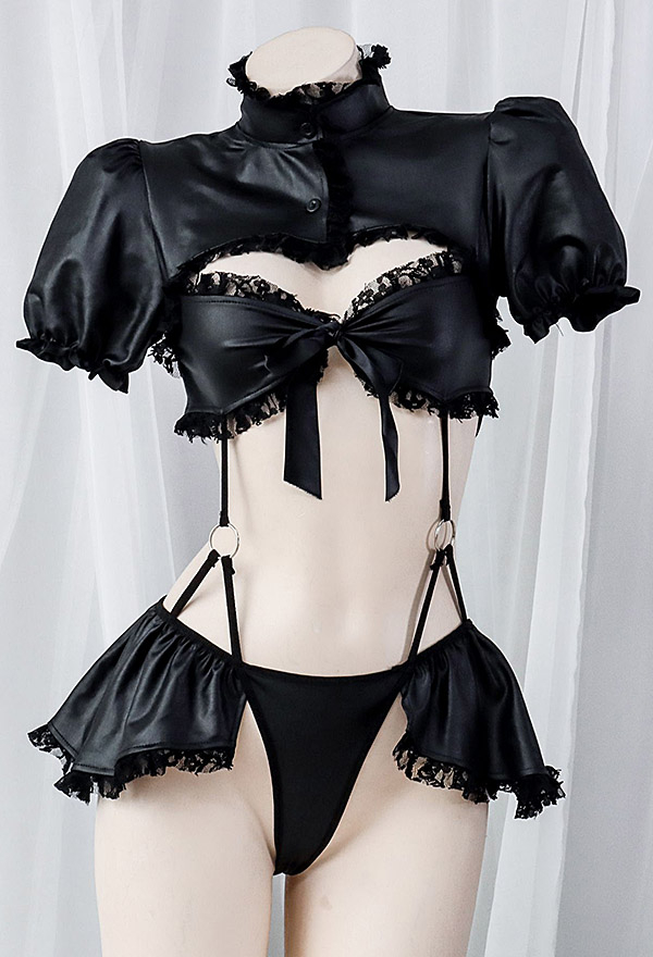 Sexy Lingerie - Ruffled Lace Bodysuit Puff Sleeves High Collar Hollow One  Piece Bodysuit | Top Quality Lingerie for Sale