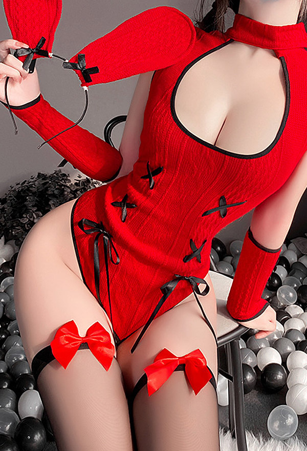 Femmu - Bunny Girl Lingerie Set: Crotchless Lace Bodysuit + Headband +  Gloves