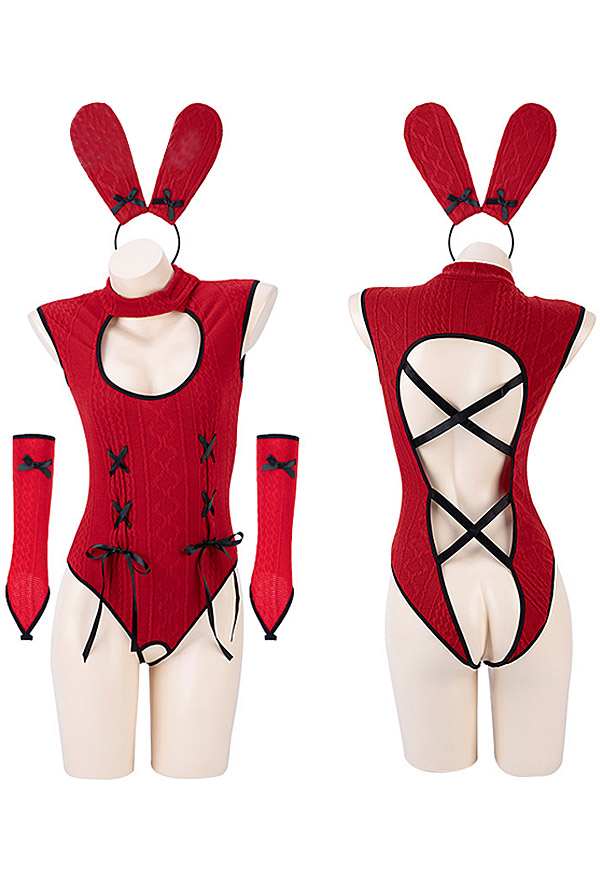 Bunny Girl Sexy Lingerie Set - Chest Open Backless Crotchless Knitted  Bodysuit