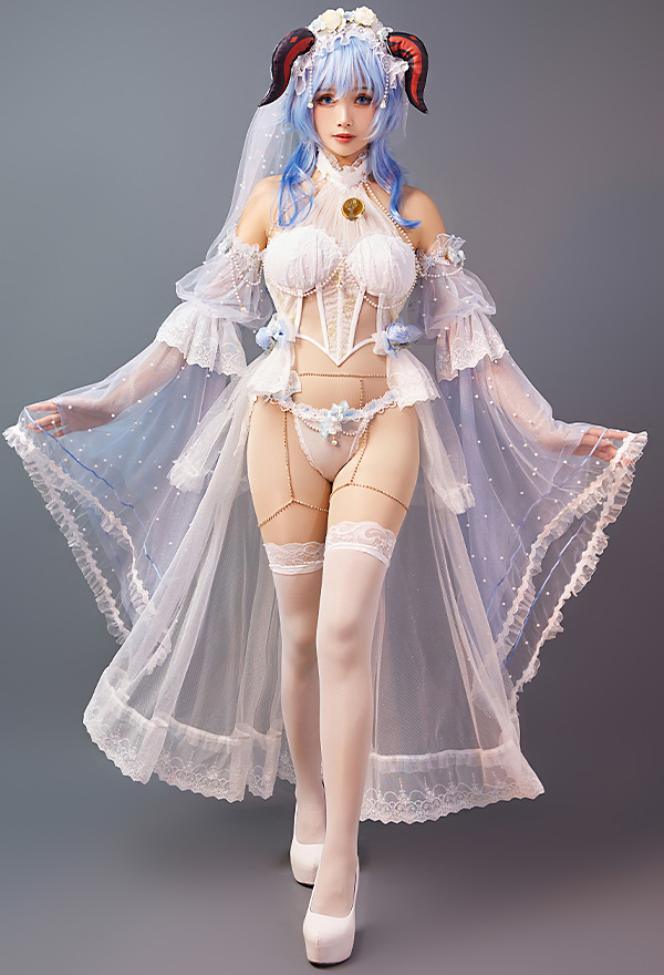 Ganyu Derivative Sexy Lingerie Set Wedding Style Top and Panty Set with Veil and Thigh Stockings