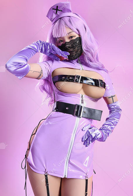 Halloween Purple Sexy Nurse Costume with Belt and Face Mask Lace-up Nurse Lingerie Dress Open Chest Style