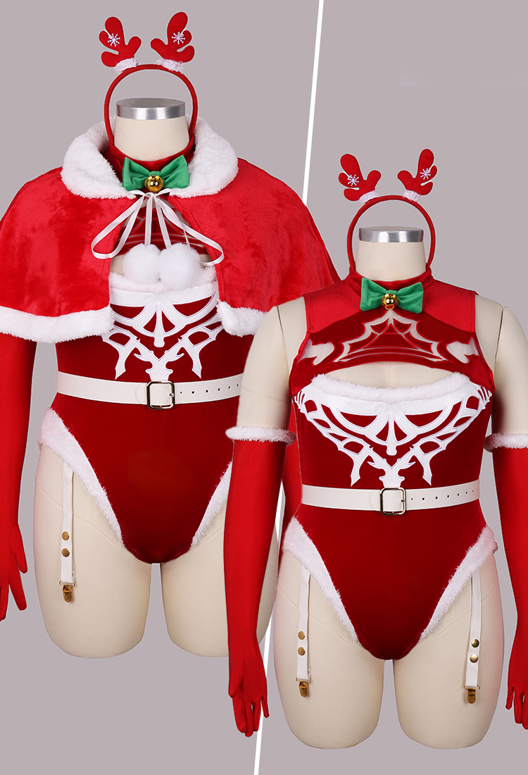 Plus Size 2B Derivative Sexy Lingerie Set Christmas Furry Bodysuit with Cape Gloves