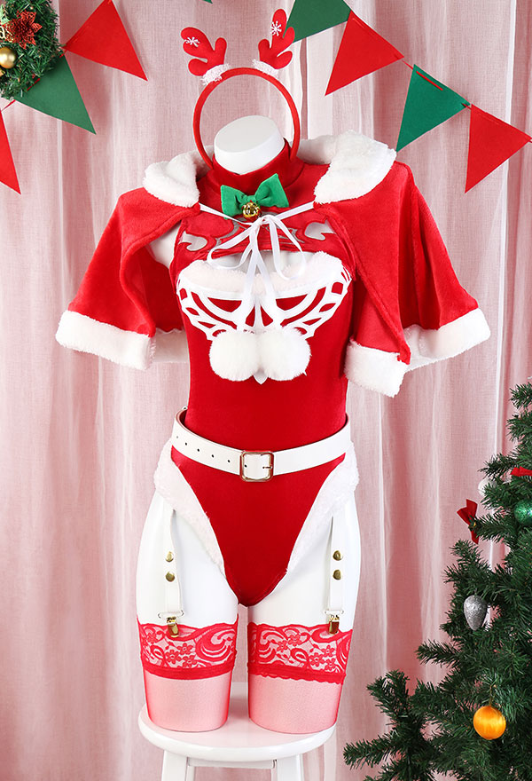 Christmas Sexy Lingerie Set 2B Derivative Red Bodysuit with Short Cape and Gloves Thigh Socks