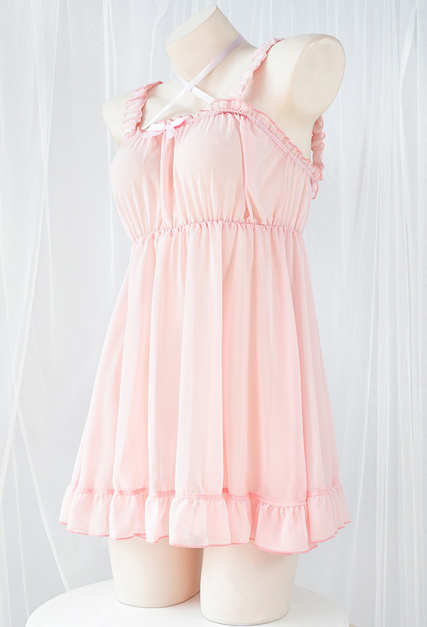 Baby Pink Lace Bust Bow Chiffon Babydoll Nightie