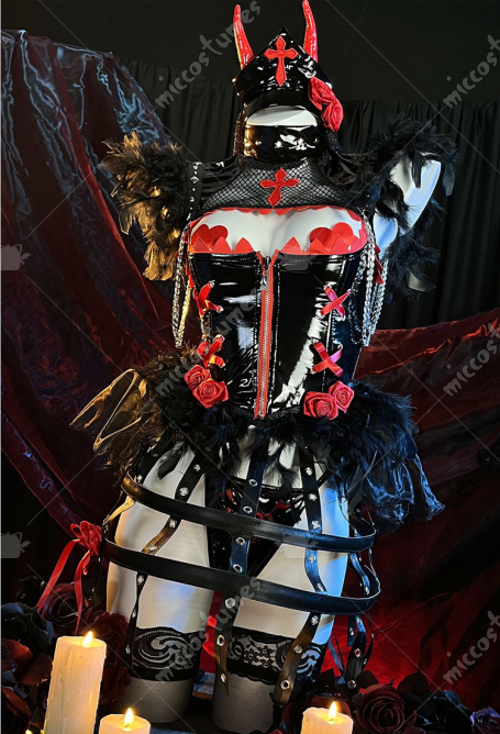 Halloween Power Derivative Sexy Lingerie Set Gothic Wedding Style Hollow Top and Panty with Gloves