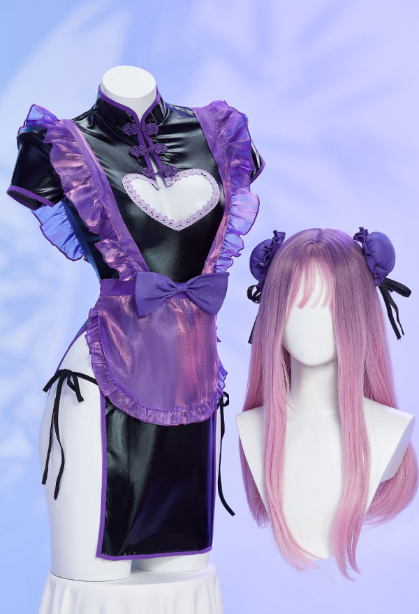 Maid Style Sexy Lingerie Set - Halloween Purple Chest Open Cheongsam Dress  Set