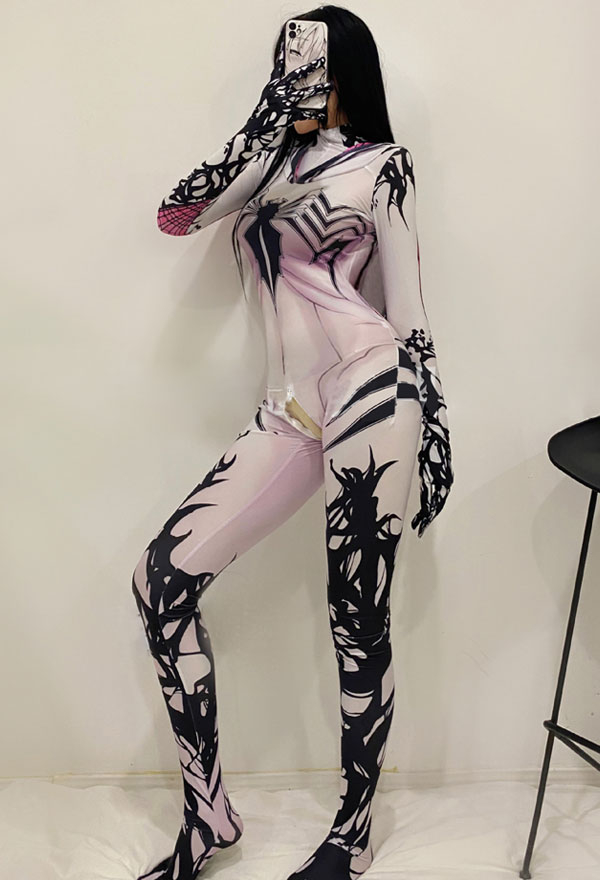 Sexy Lingerie Jumpsuit - Spider Prints Tight Long Sleeves One Piece Bodysuit