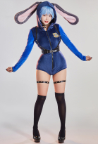 Kawaii Fluffy Bodycon Romper Pajama Halloween Bunny Officer Long Sleeve Zipper Bodycon Jumpsuit Sleepwear with Choker Belt and Tail