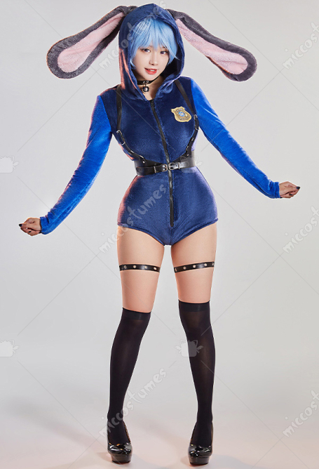 Kawaii Fluffy Bodycon Romper Pajama Halloween Bunny Officer Long Sleeve Zipper Bodycon Jumpsuit Sleepwear with Choker Belt and Tail