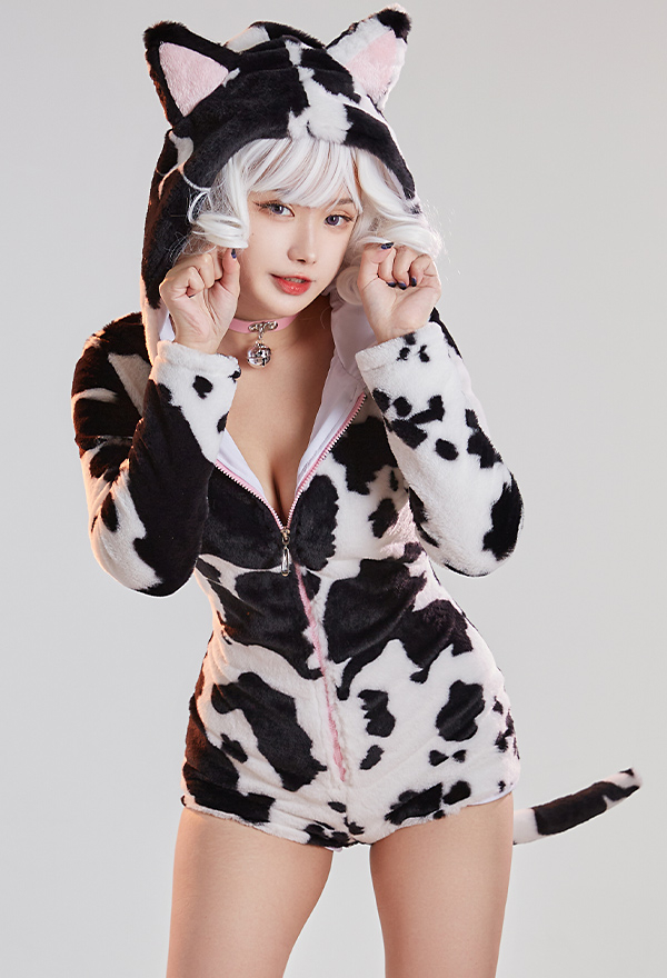 Kawaii Fluffy Bodycon Romper Pajama - Black White Cow Pattern Long