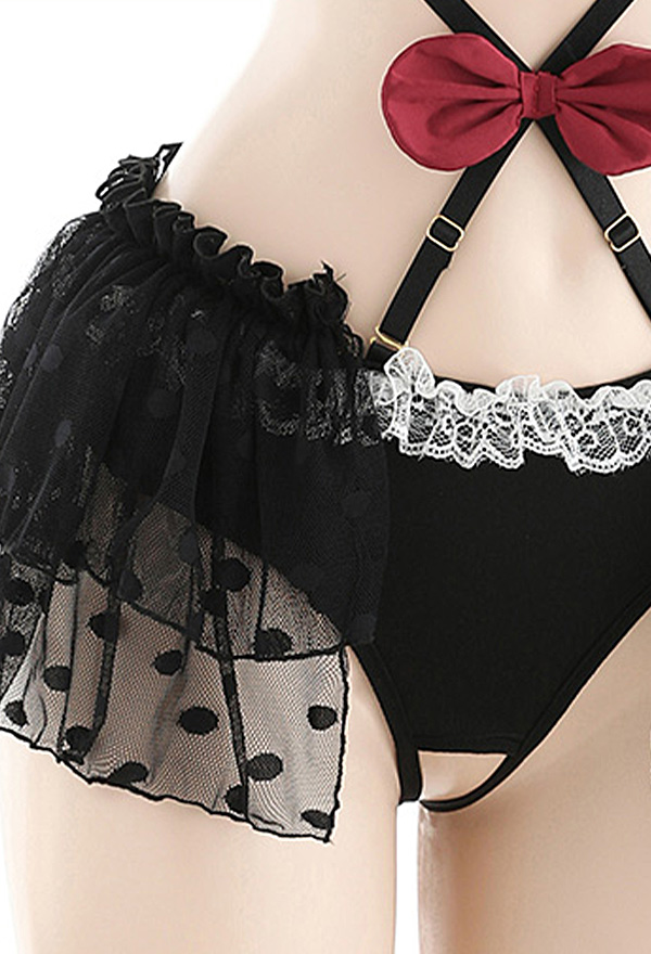 Kawaii Maid Sexy Lingerie Set Cute Bowknot Ruffle Lace Crotch Open Bodysuit  with Headband