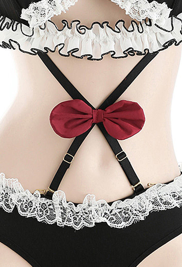 Kawaii Maid Sexy Lingerie Set Cute Bowknot Ruffle Lace Crotch Open Bodysuit  with Headband