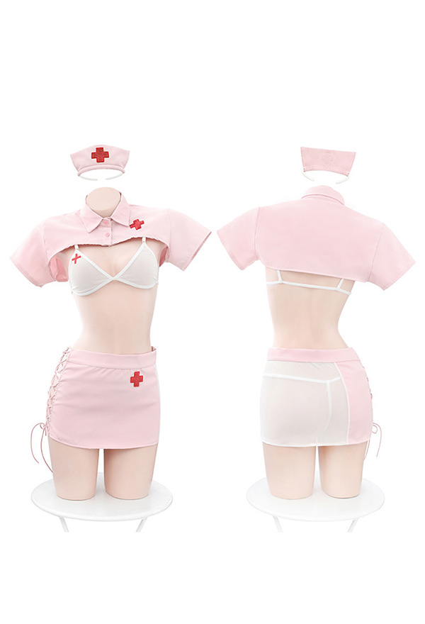 Pink Nurse Sexy Lingerie Set - Super Short Crop Top with Side