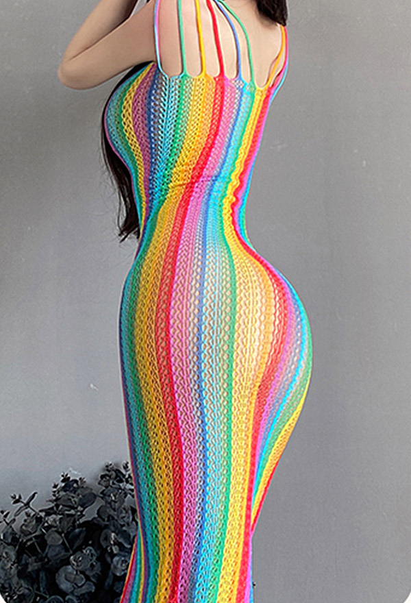 Sexy Regenbogen Mesh Kleid Kleid Dessous Cutout Riemchen Kleid