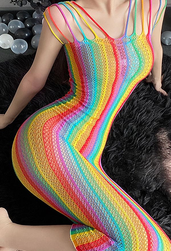 Sexy Regenbogen Mesh Kleid Kleid Dessous Cutout Riemchen Kleid