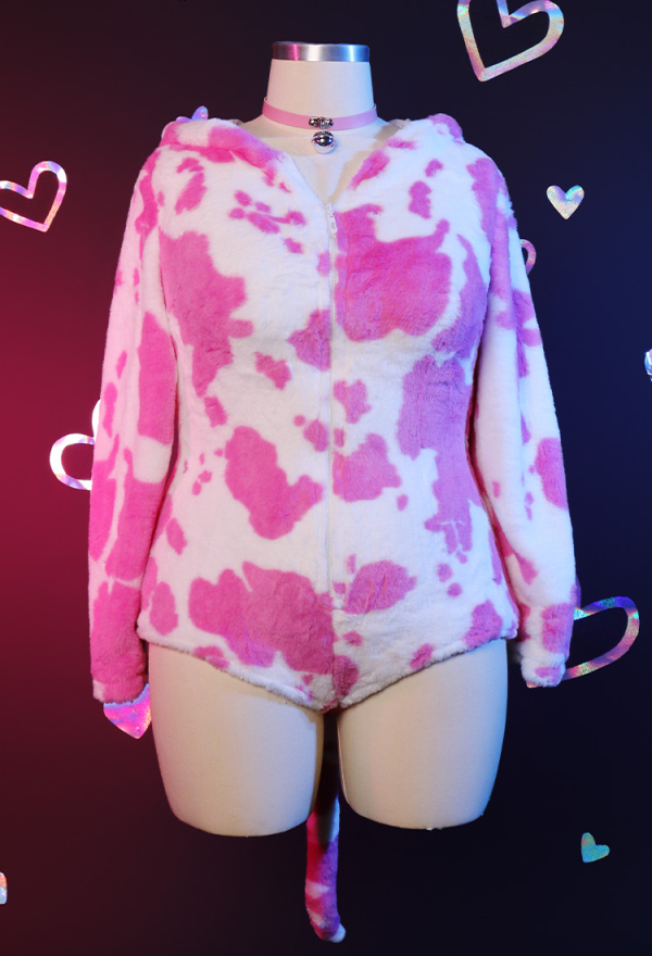 Plus Size Sexy Onesie Pyjama Fluffy Pink Cow Print Body Hooded Homewear avec Choker et Cuisse Chaussettes