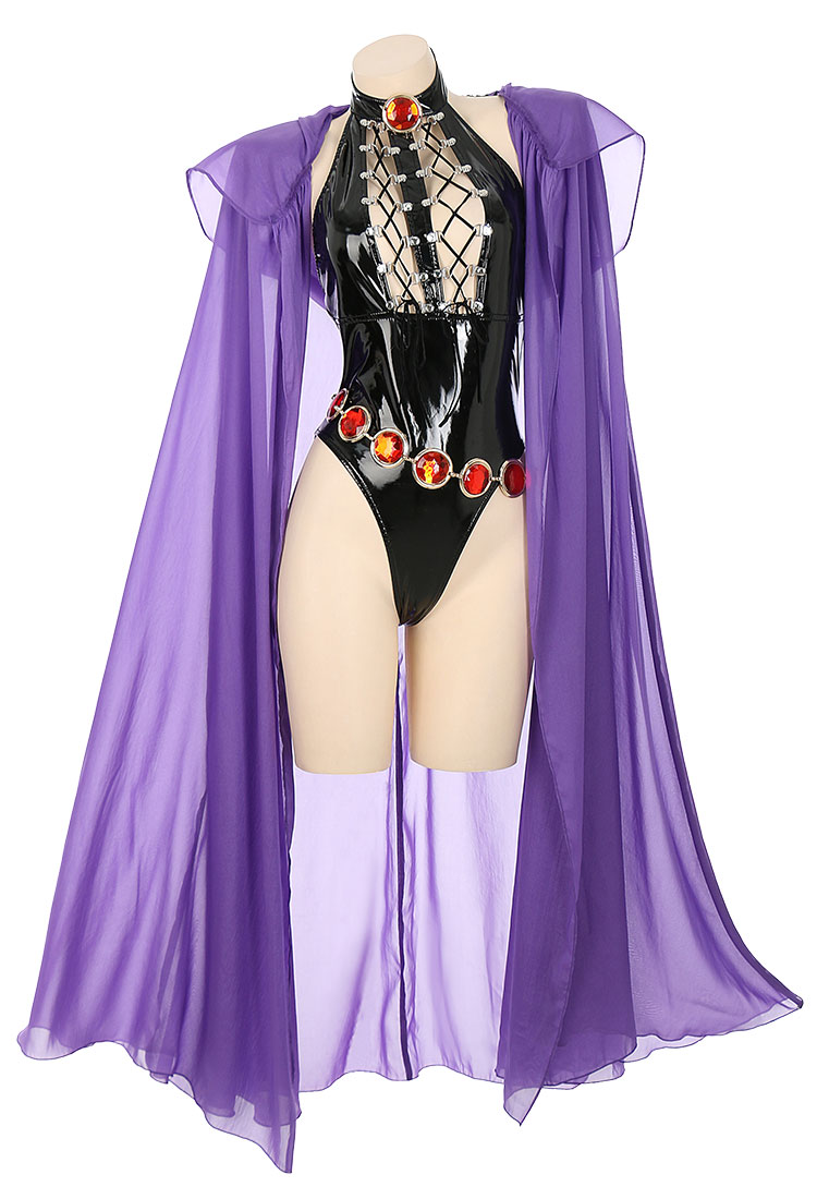 Women Gothic Sexy Black Halter Backless Front Hollow High Slit PU Leather Bodysuit with Cloak and Chain