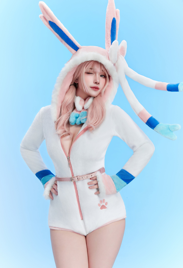 Sylveon Derivative Sexy Fluffy Hooded Bodysuit - Halloween Deep V