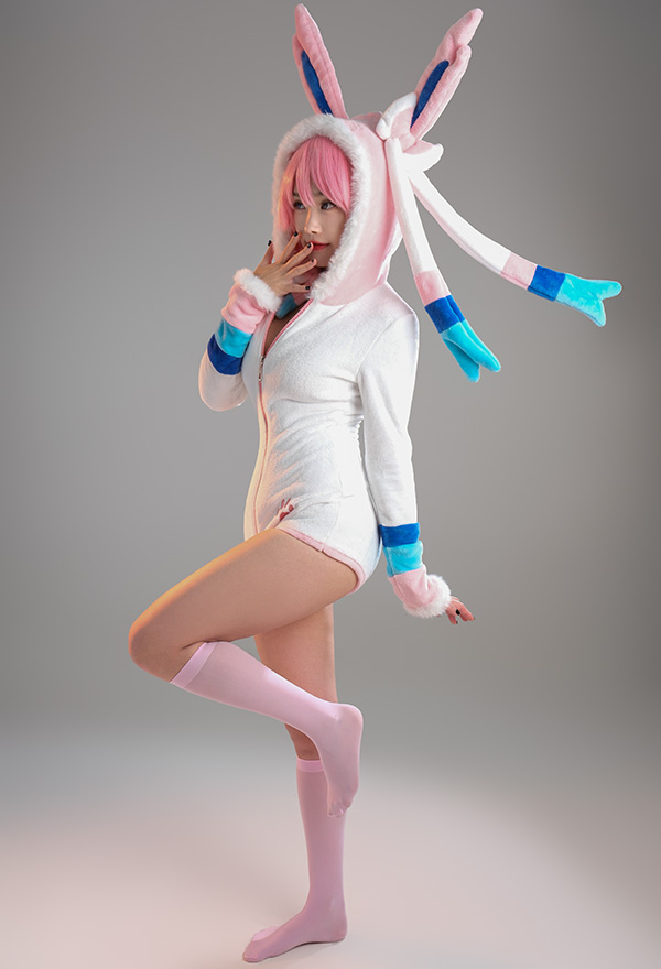 Sylveon Derivative Sexy Bodysuit mit Kapuze Lingerie Socken Niedriger Kragen Choker Dessous