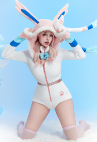 Fairy Fox Sexy Fluffy Hooded Deep V Kawaii Bodysuit  Rompers with Choker and Socks