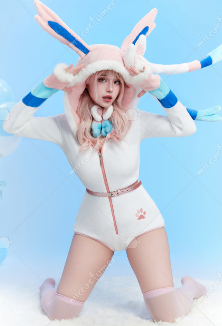 Sylveon Derivative Sexy Fluffy Hooded Bodysuit Halloween Deep V Kawaii One Piece Lingerie Rompers with Choker and Socks